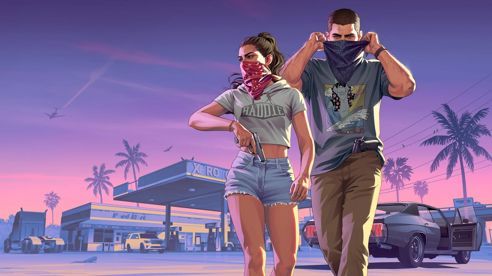 Official Grand Theft Auto VI artwork featuring Jason and Lucia beside a car against a neon Vice City sunset