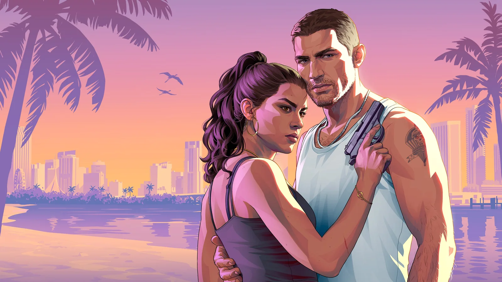 Official GTA VI artwork showing Jason and Lucia together on a beach in Leonida