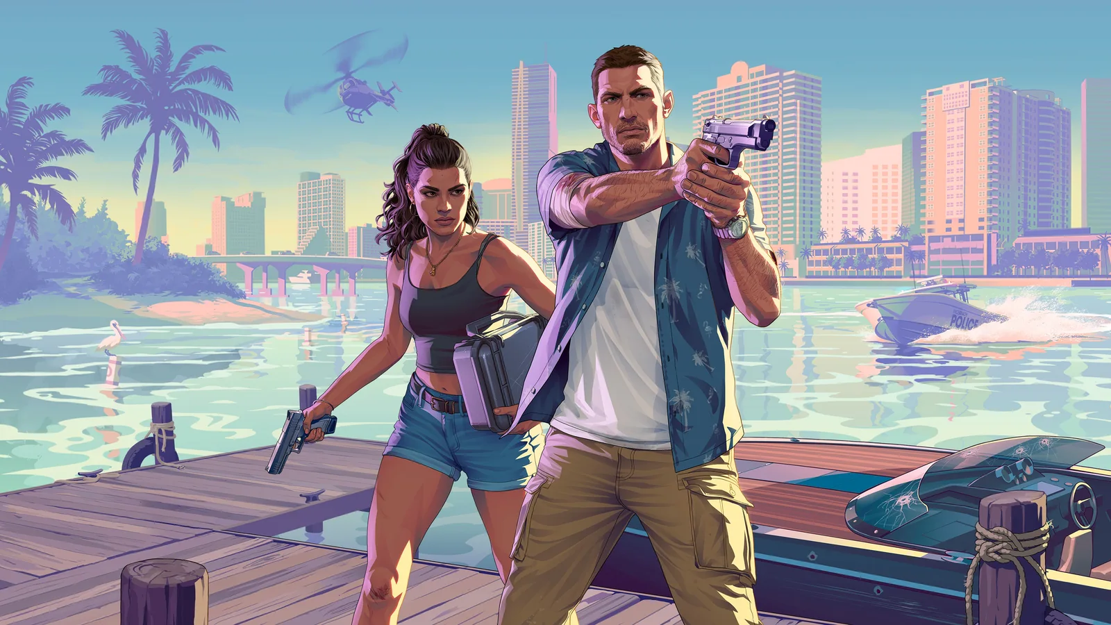 Official GTA VI landscape artwork featuring Jason and Lucia together in Leonida