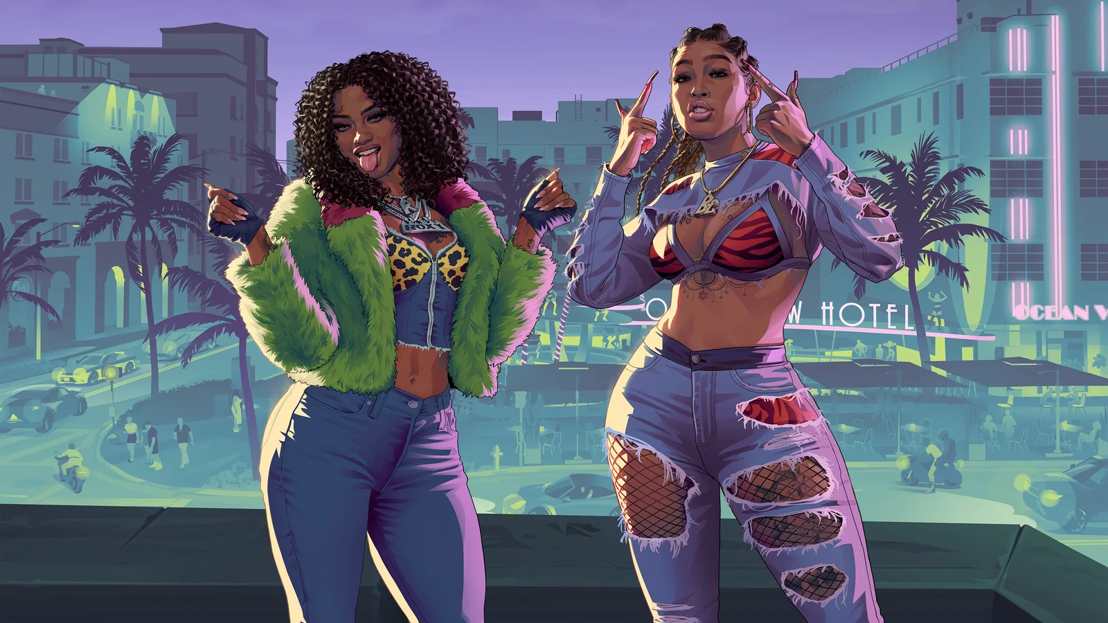 Official GTA VI landscape artwork featuring rap duo Real Dimez
