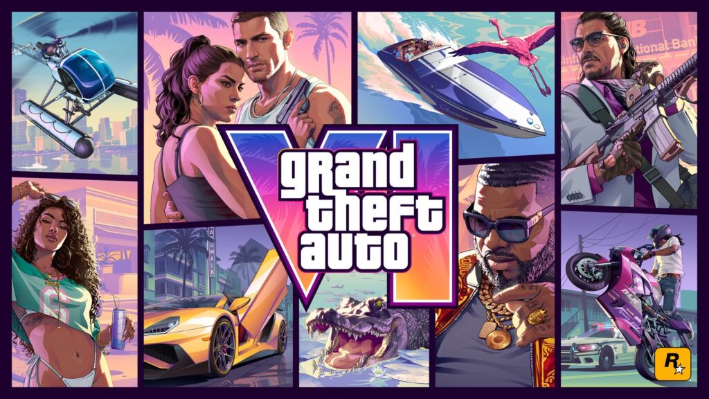 Official Grand Theft Auto VI landscape cover art featuring Jason, Lucia and multiple scenes from Leonida