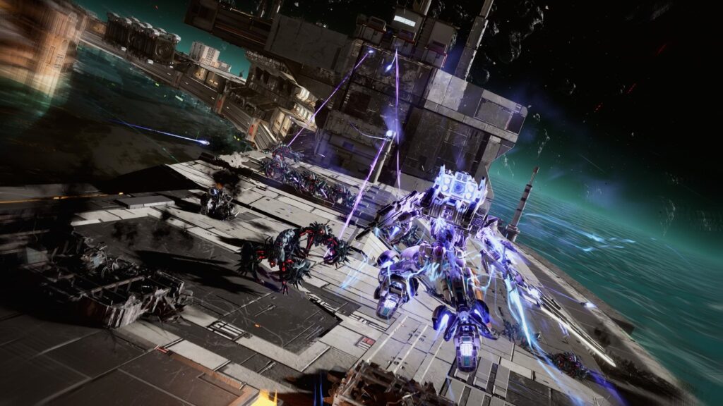 Gundam Rogue Orbit Launches March 5, 2027 Official gameplay screenshot showing Gundam Helix fighting across a large orbital platform with purple energy effects
