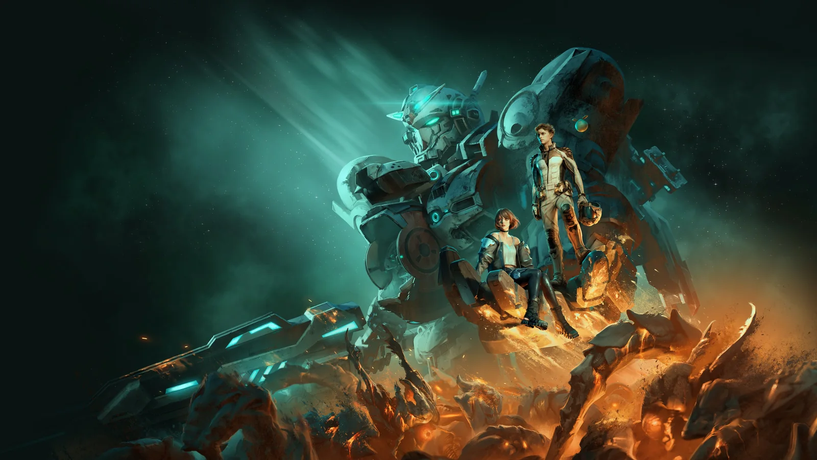 Official gameplay screenshot showing Gundam Helix using a large firearm while fighting on an orbital structure