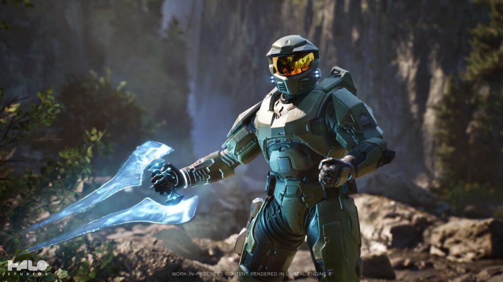 Halo Studios’ Next Game Was Reportedly Years Away Before Cancellation Official Project Foundry image showing Master Chief holding an Energy Sword in a forest environment rendered in Unreal