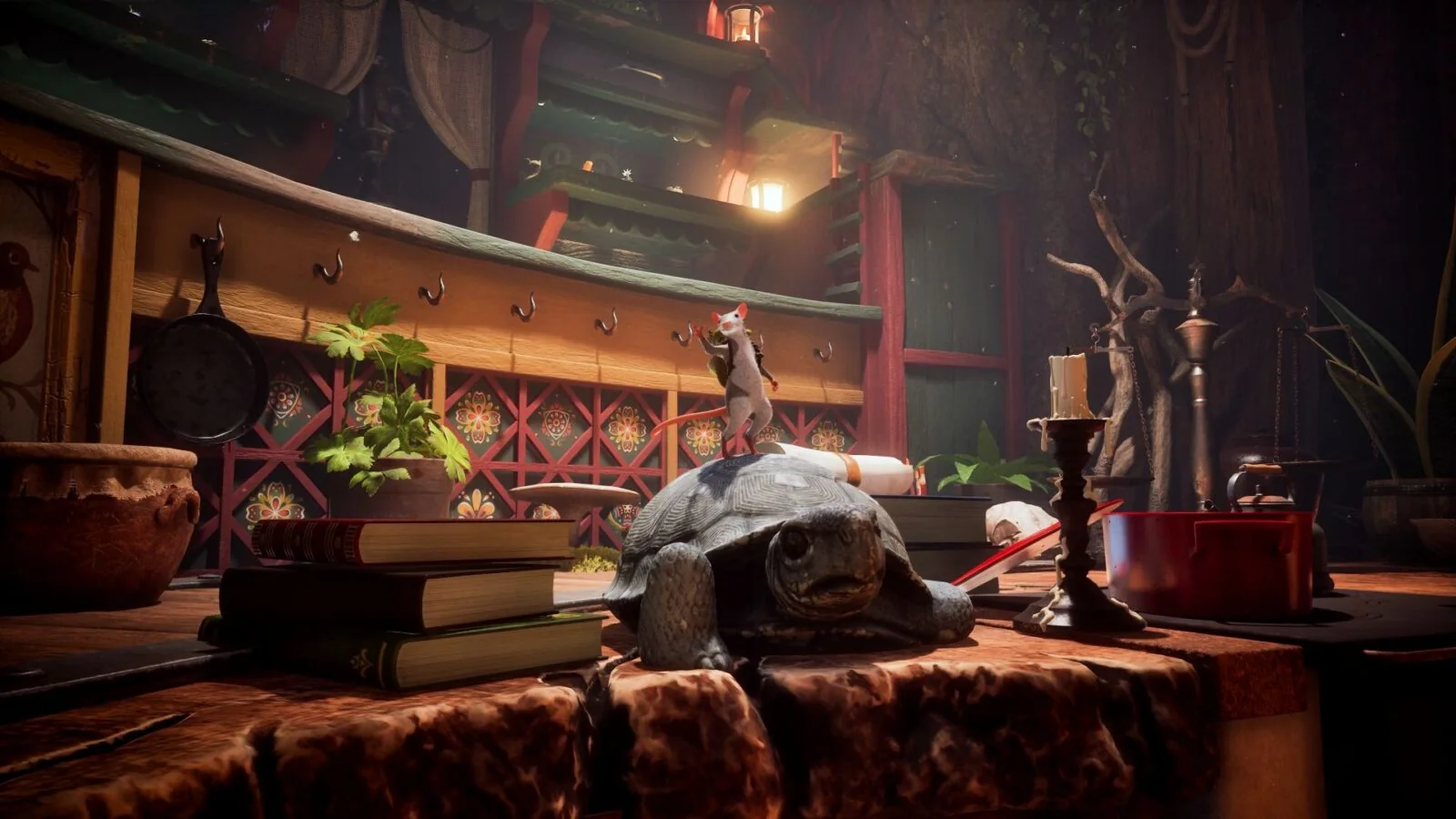 Official Hela: Of Mice & Magic key art showing two mouse familiars crossing a mossy log in a forest