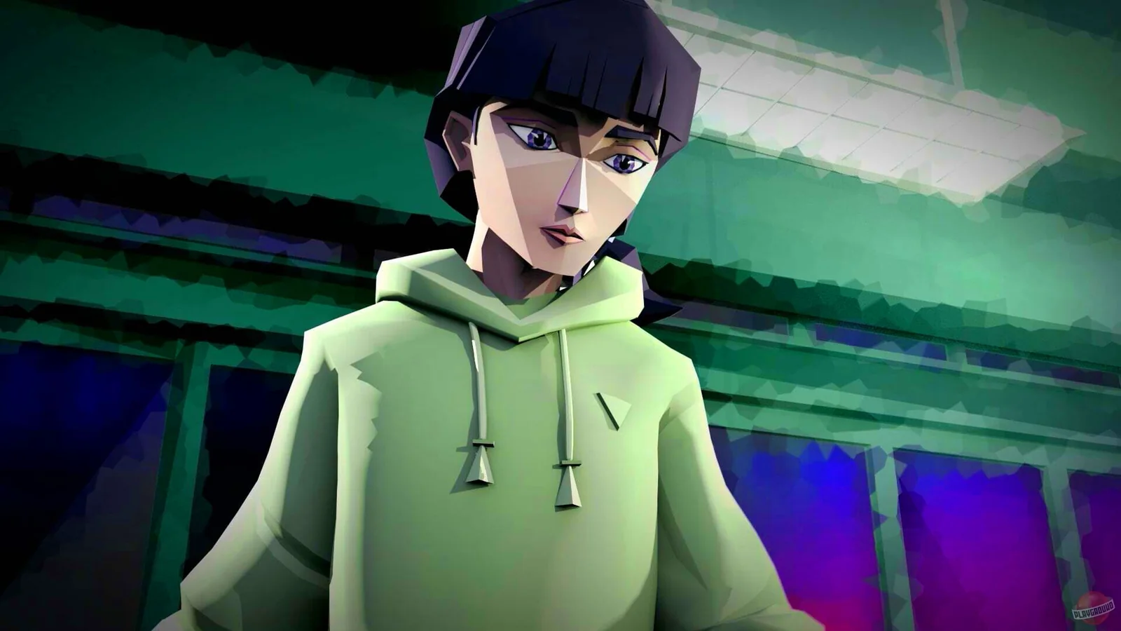 Hope in the City screenshot showing Hope Song in her green hoodie inside a neon-lit interior