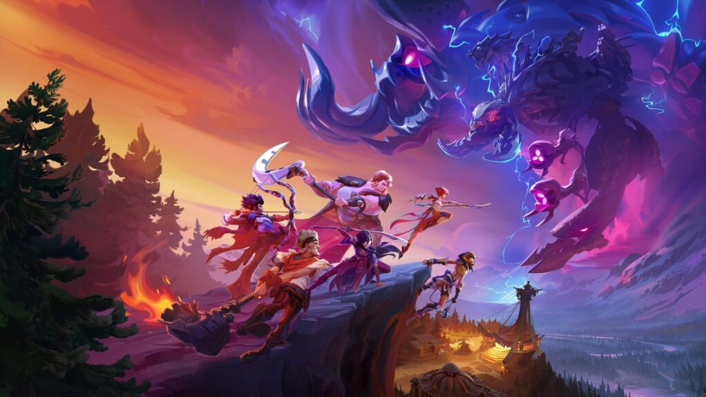 Horizon Hunters Gathering Steam Achievements Surface Online Official Horizon Hunters Gathering screenshot showing three Hunters battling a large machine in a purple-lit outdoor
