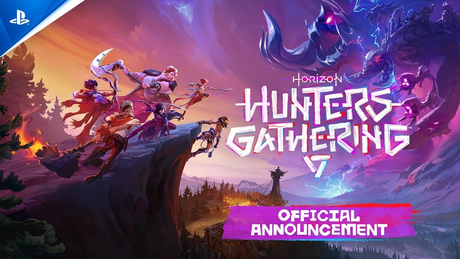 Official Horizon Hunters Gathering screenshot showing three Hunters battling a large machine in a purple-lit outdoor