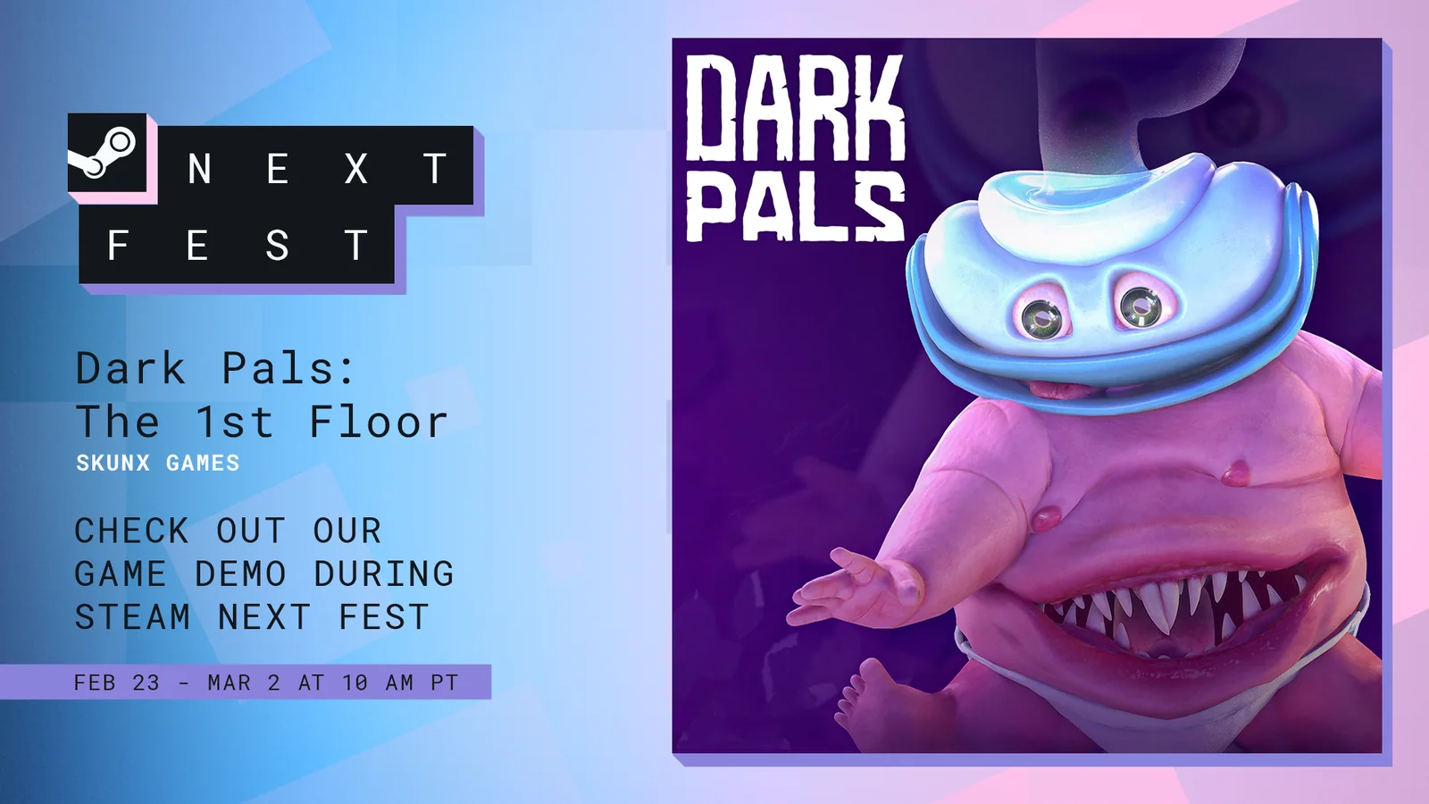 Dark Pals mascot artwork presented in a Steam Next Fest promotional composition