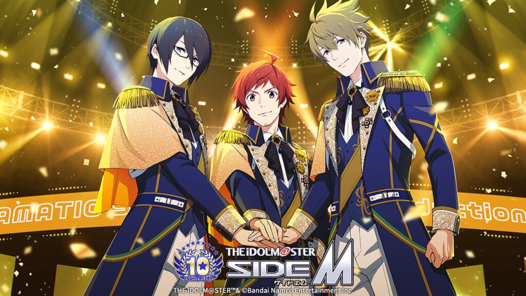 The Idolmaster SideM Game Announced for Switch 2 and Switch Official SideM 10th anniversary artwork showing three 315 Production idols on stage in blue performance shirts