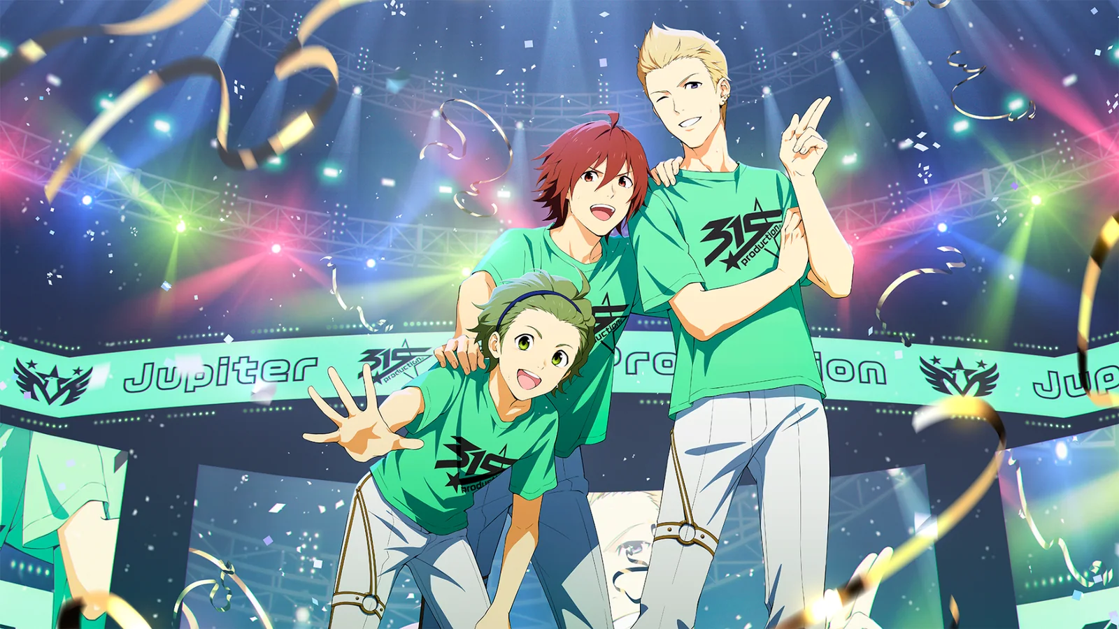 Official SideM 10th anniversary artwork showing three 315 Production idols on stage in blue performance shirts