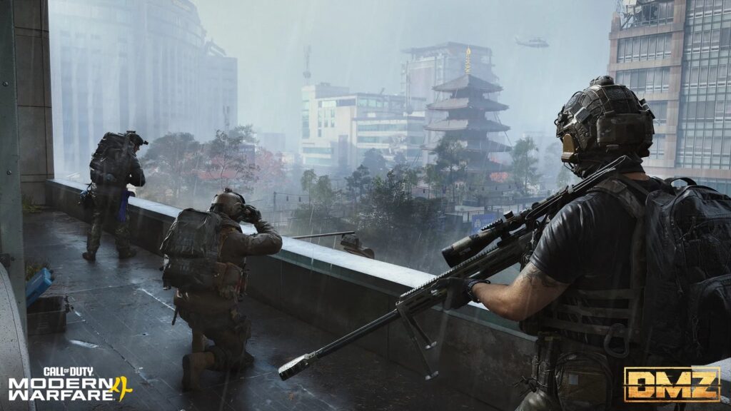Infinity Ward Promises Big DMZ Reveal Next Week Three operators overlooking a rain-soaked city from a rooftop in Hajin