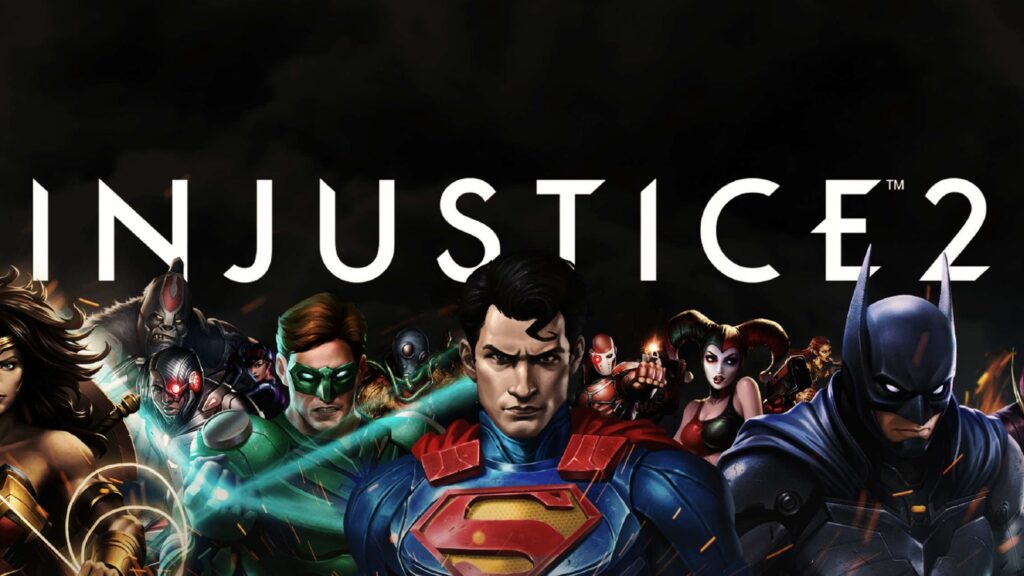 Official Injustice 2 artwork featuring Superman, Batman, Wonder Woman, Green Lantern, Harley Quinn, Flash and other DC