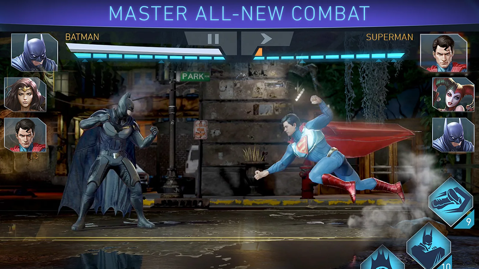 Official Injustice 2 artwork featuring Superman, Batman, Wonder Woman, Green Lantern, Harley Quinn, Flash and other DC