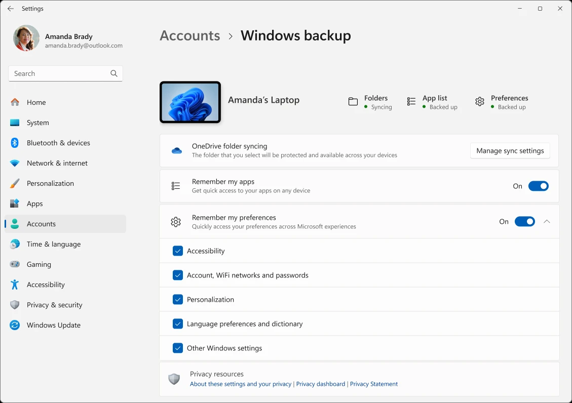 Expanded Windows 11 Windows backup settings screen showing folder syncing, Remember my apps, and Remember my preferences
