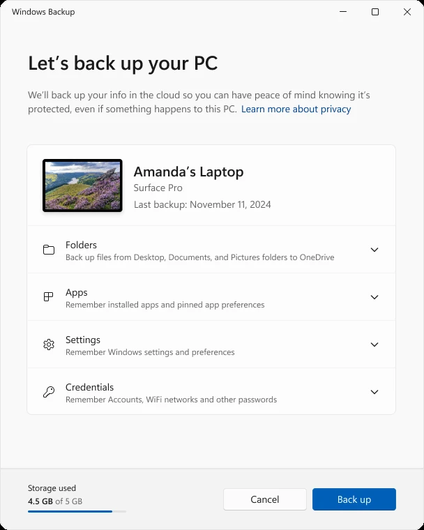 Windows Backup application showing folders, apps, settings, credentials, and cloud storage usage