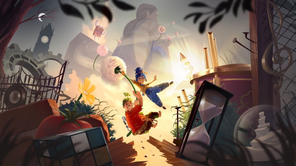 It Takes Two Launches on Switch 2 October 15 Official It Takes Two Switch 2 key art showing Cody and May flying through the air while holding onto a flower