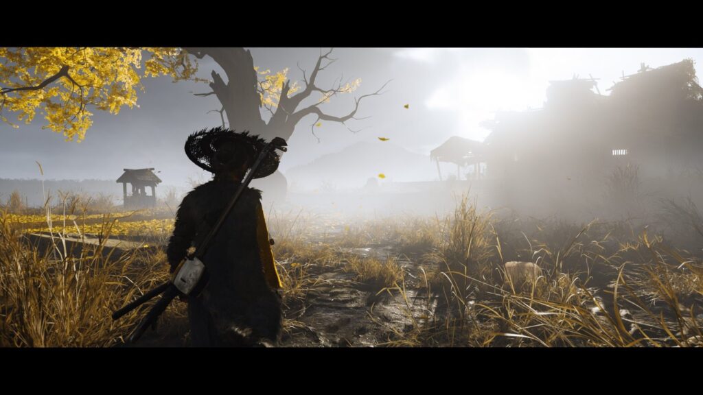 Jin Sakai Returns as Playable Character in Ghost of Yōtei Official Ghost of Yōtei screenshot showing Atsu walking through a misty golden landscape