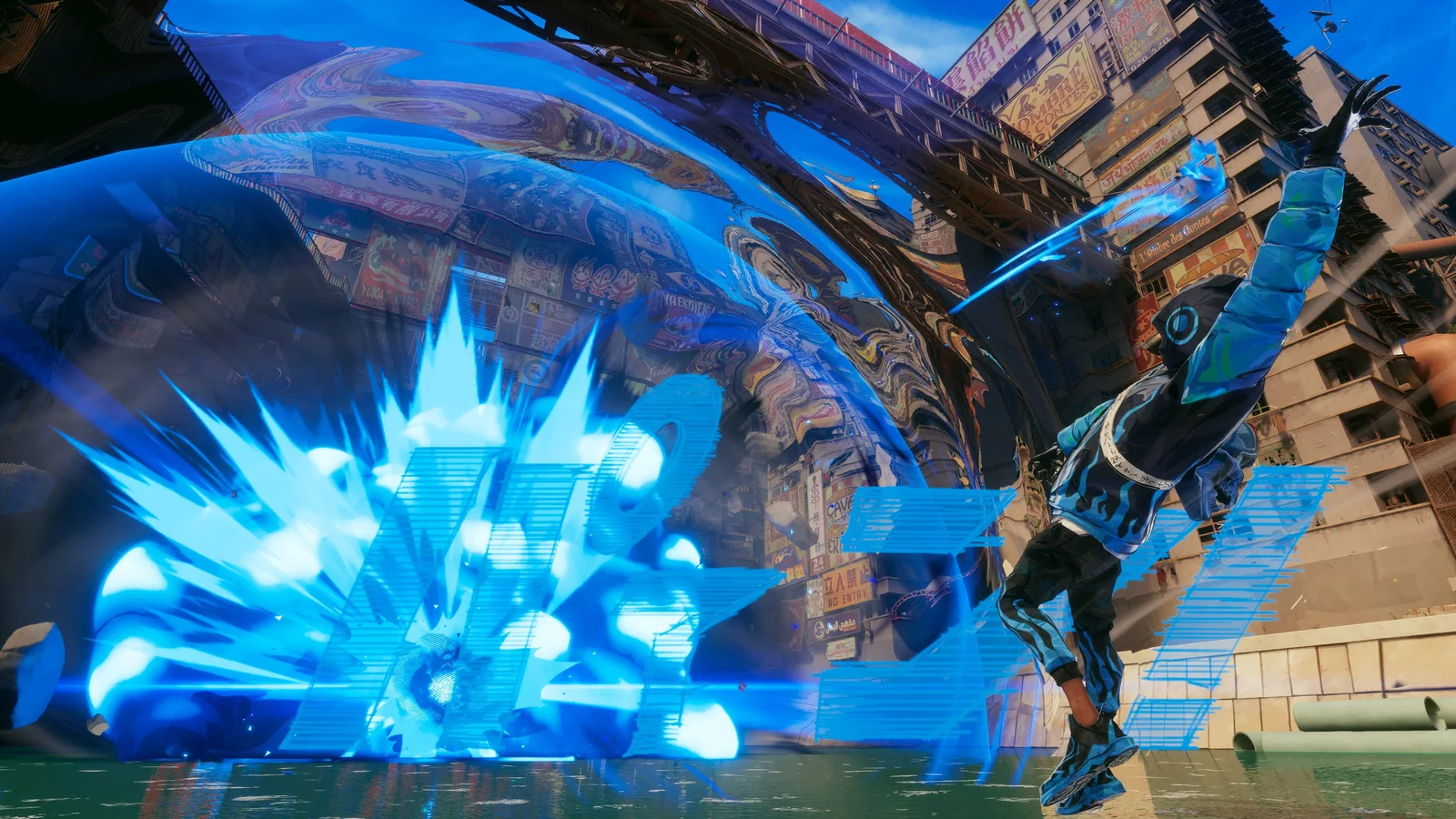Official KEMURI gameplay screenshot showing a hunter using a bright blue supernatural ability in the city