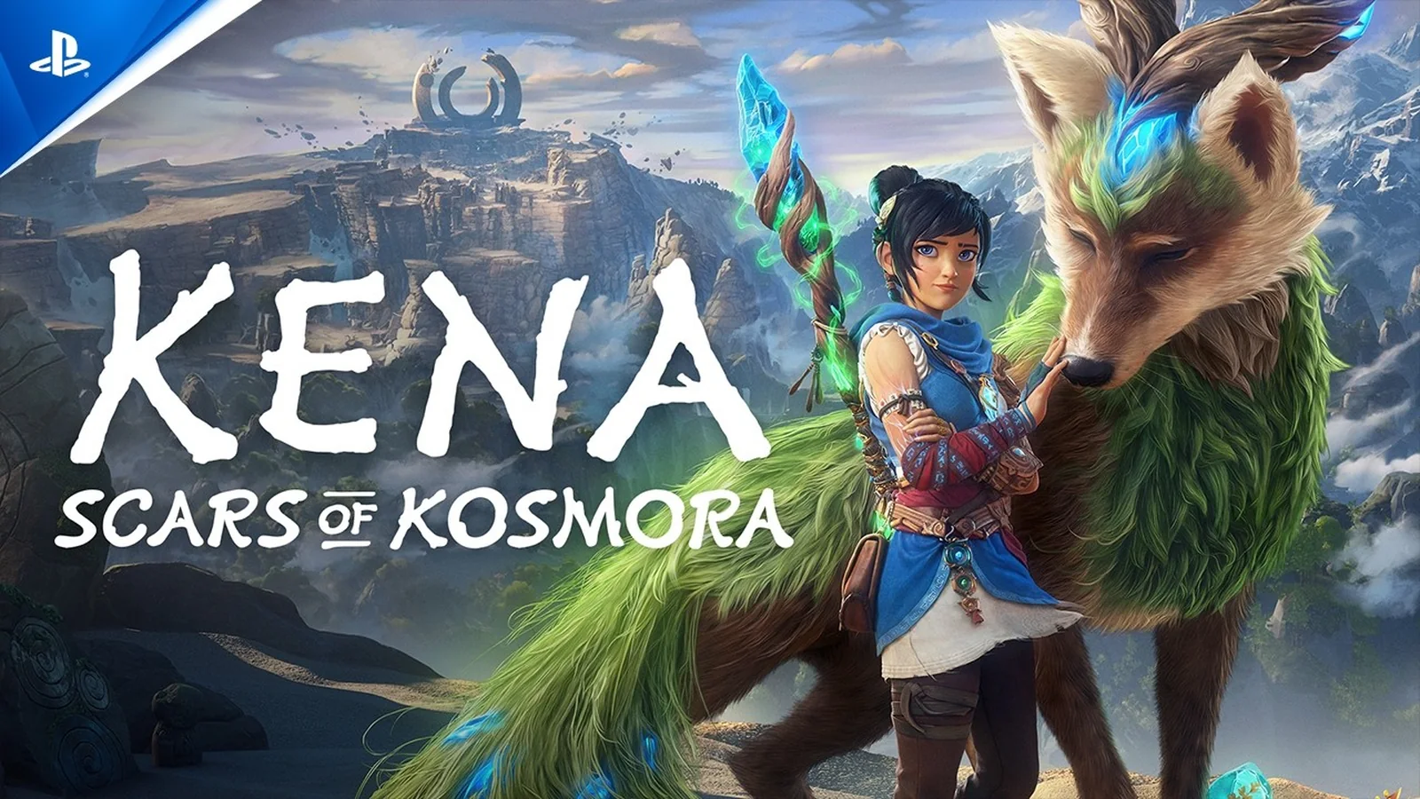 Official Kena: Scars of Kosmora announcement artwork showing Kena and her Spirit Companion against the island of Kosmora