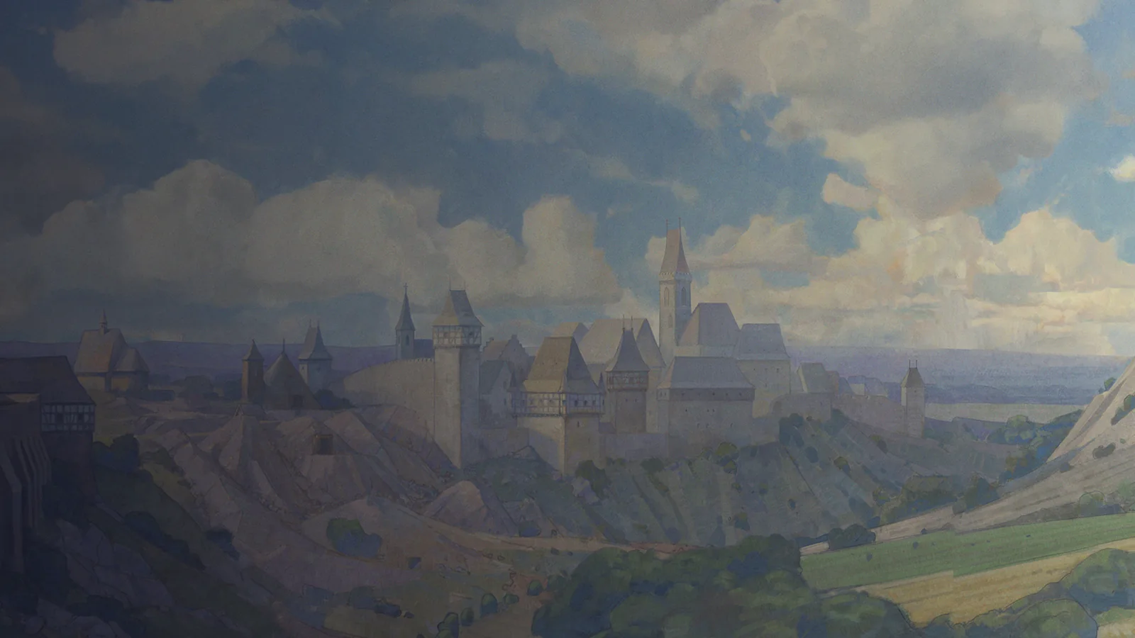 Official Royal Edition background artwork showing medieval castles and countryside from Kingdom Come: Deliverance II