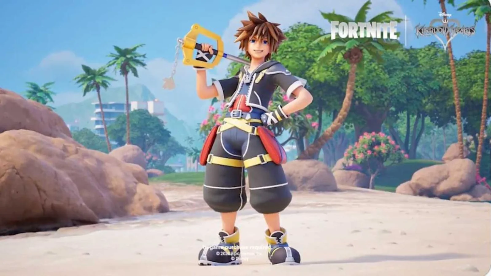 Official Fortnite screenshot showing Sora in his Kingdom Hearts II-inspired outfit holding the Kingdom Key