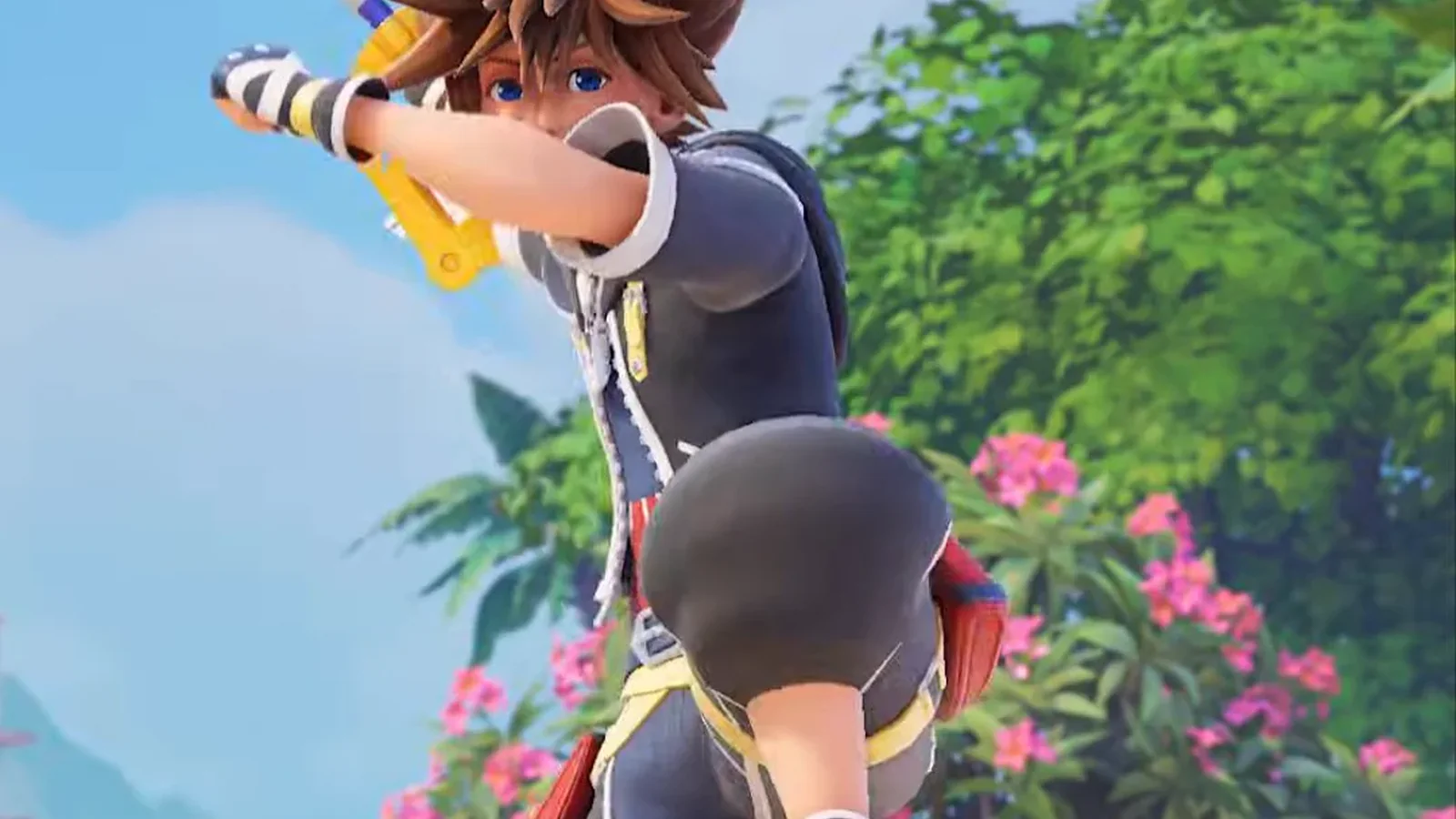Sora in Fortnite holding the Kingdom Key against a tropical background
