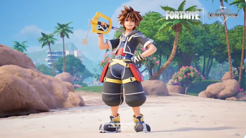 Kingdom Hearts x Fortnite Trailer Reveals Four Skins Official Fortnite screenshot showing Sora in his Kingdom Hearts II-inspired outfit holding the Kingdom Key on a tropical