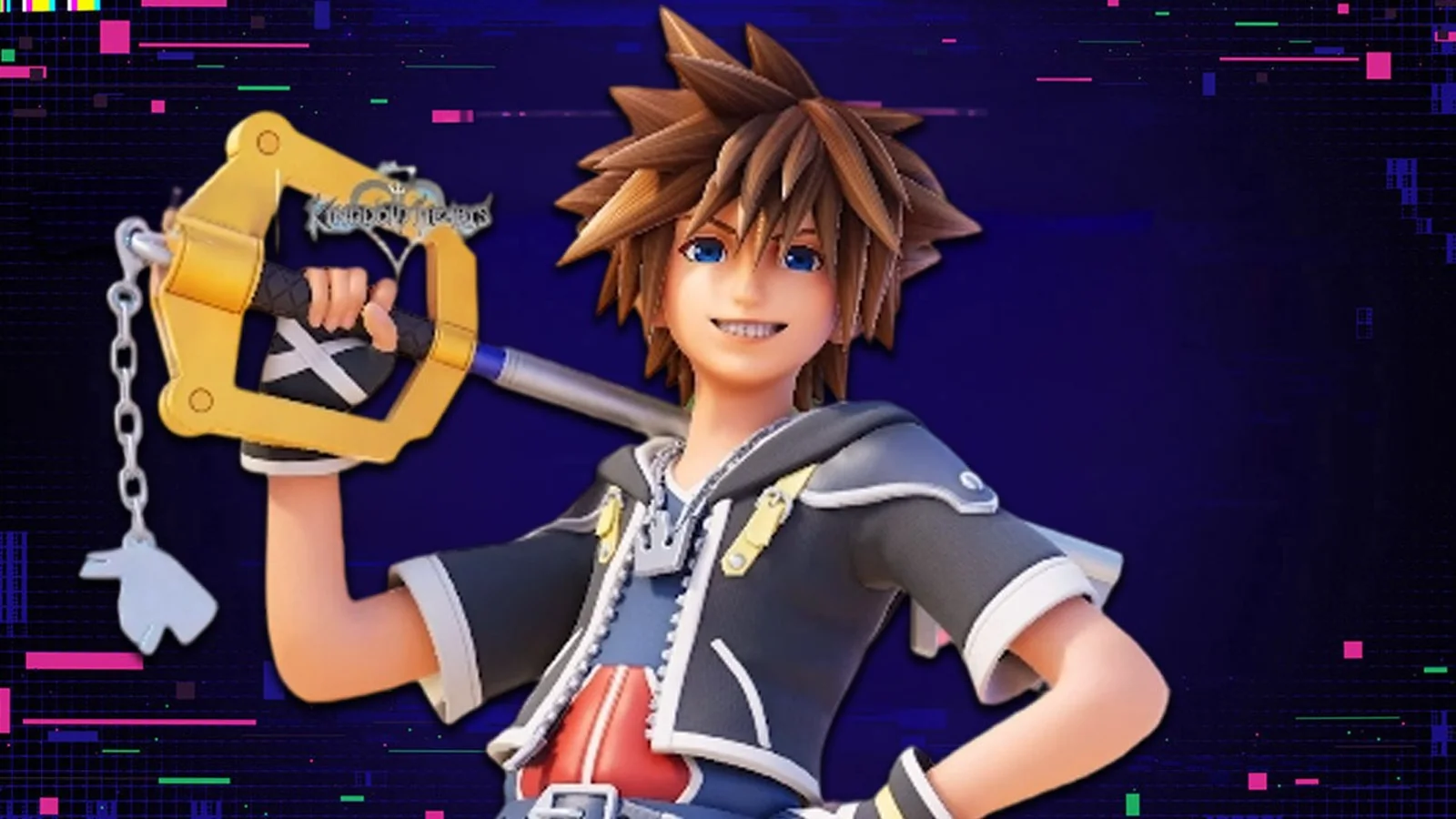 Official Fortnite render of Sora holding the Kingdom Key against the Chapter 7 Season 4 Override-style digital