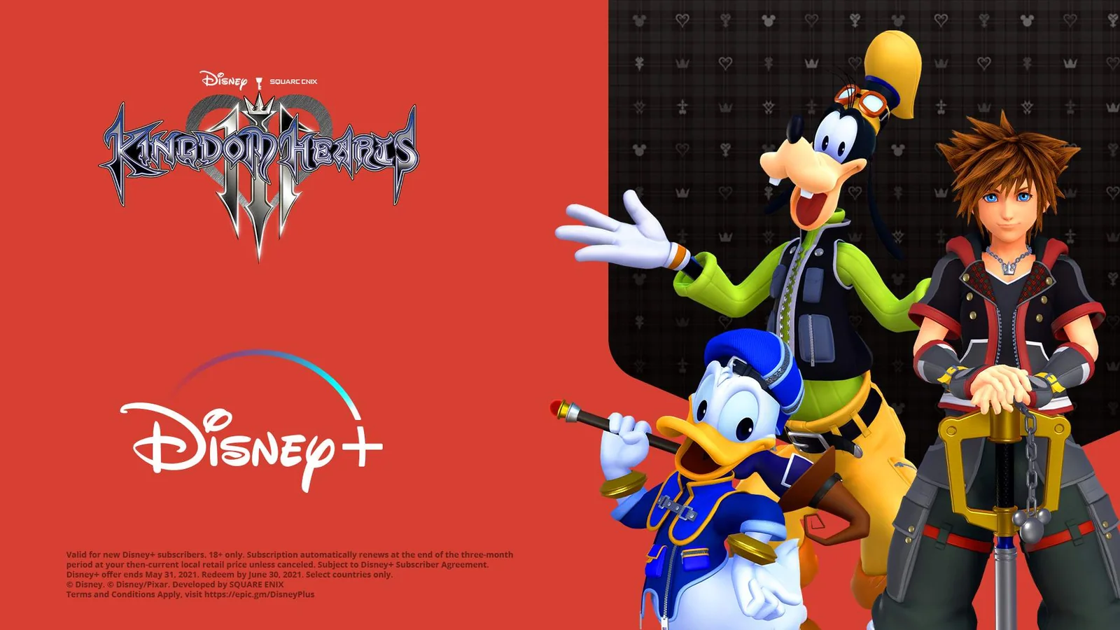 Official Kingdom Hearts III promotional artwork featuring Sora, Donald and Goofy together beside the game logo