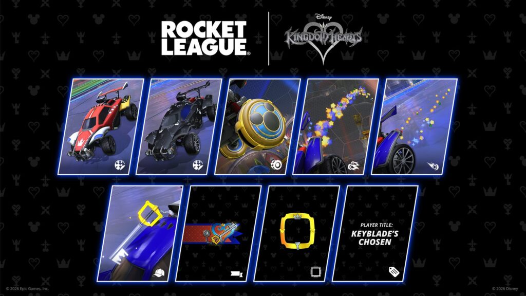 Kingdom Hearts Event Is Now Live in Rocket League Official overview graphic displaying the Kingdom Hearts limited-time event rewards, including decals, wheels, boost