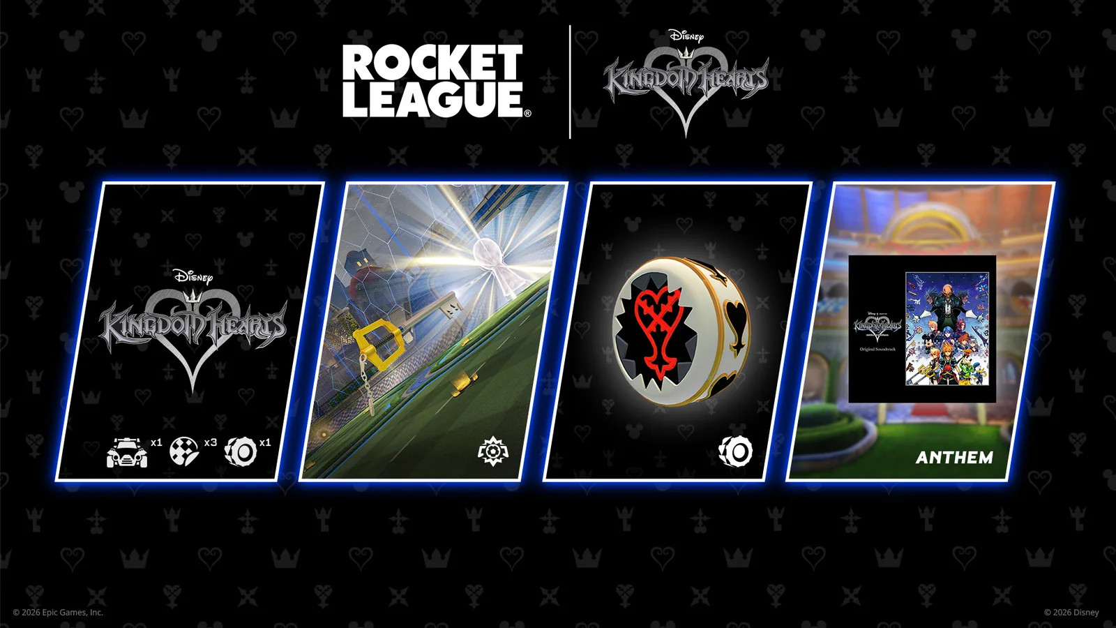 Official Rocket League x Kingdom Hearts shop graphic showing the Gummi Ship bundle, goal explosion, Heartless wheels and