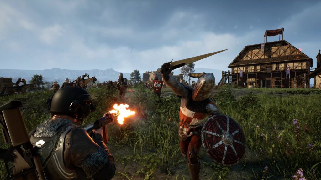 Kingmakers Gameplay Deep Dive Shows Strategy, Guns and Destruction Kingmakers gameplay screenshot showing a modern soldier firing into a medieval battle with mounted troops and infantry