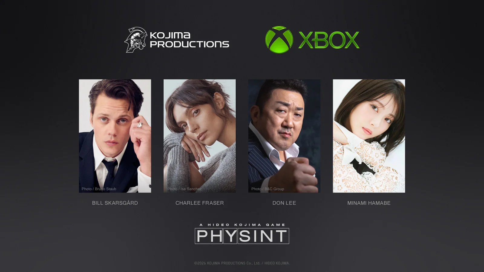 Official PHYSINT cast lineup featuring Bill Skarsgård, Charlee Fraser, Don Lee and Minami Hamabe