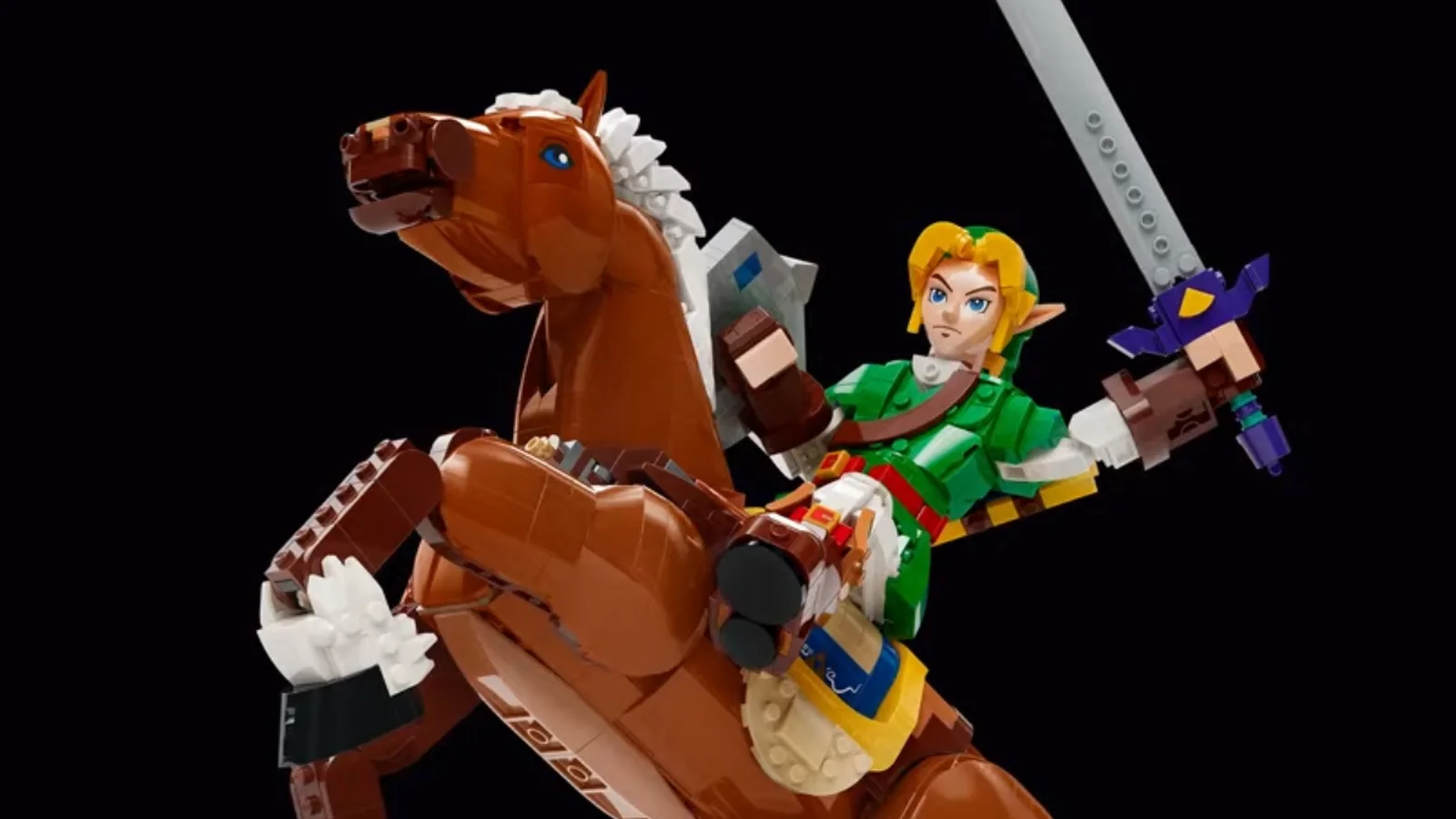 Revealed LEGO The Legend of Zelda: Ocarina of Time – Link & Epona model showing adult Link riding a rearing brick-built