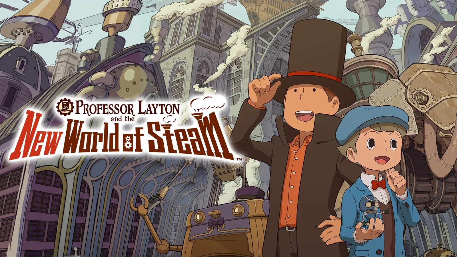 Official Professor Layton and the New World of Steam key art with Layton and Luke in Steam Bison