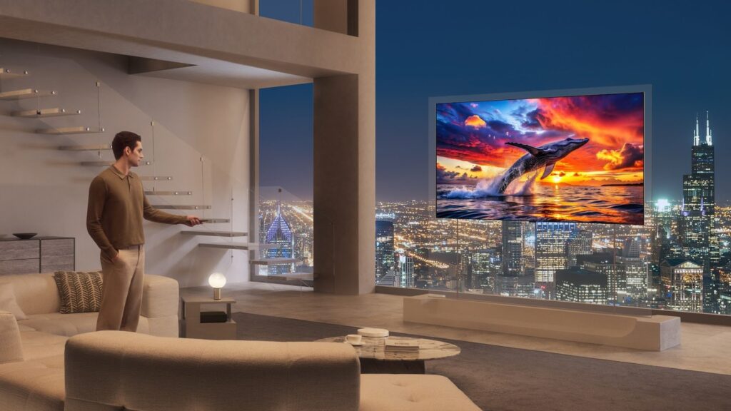 Official 2026 LG AI TV promotional image showing a man using a remote while a large LG television displays a breaching