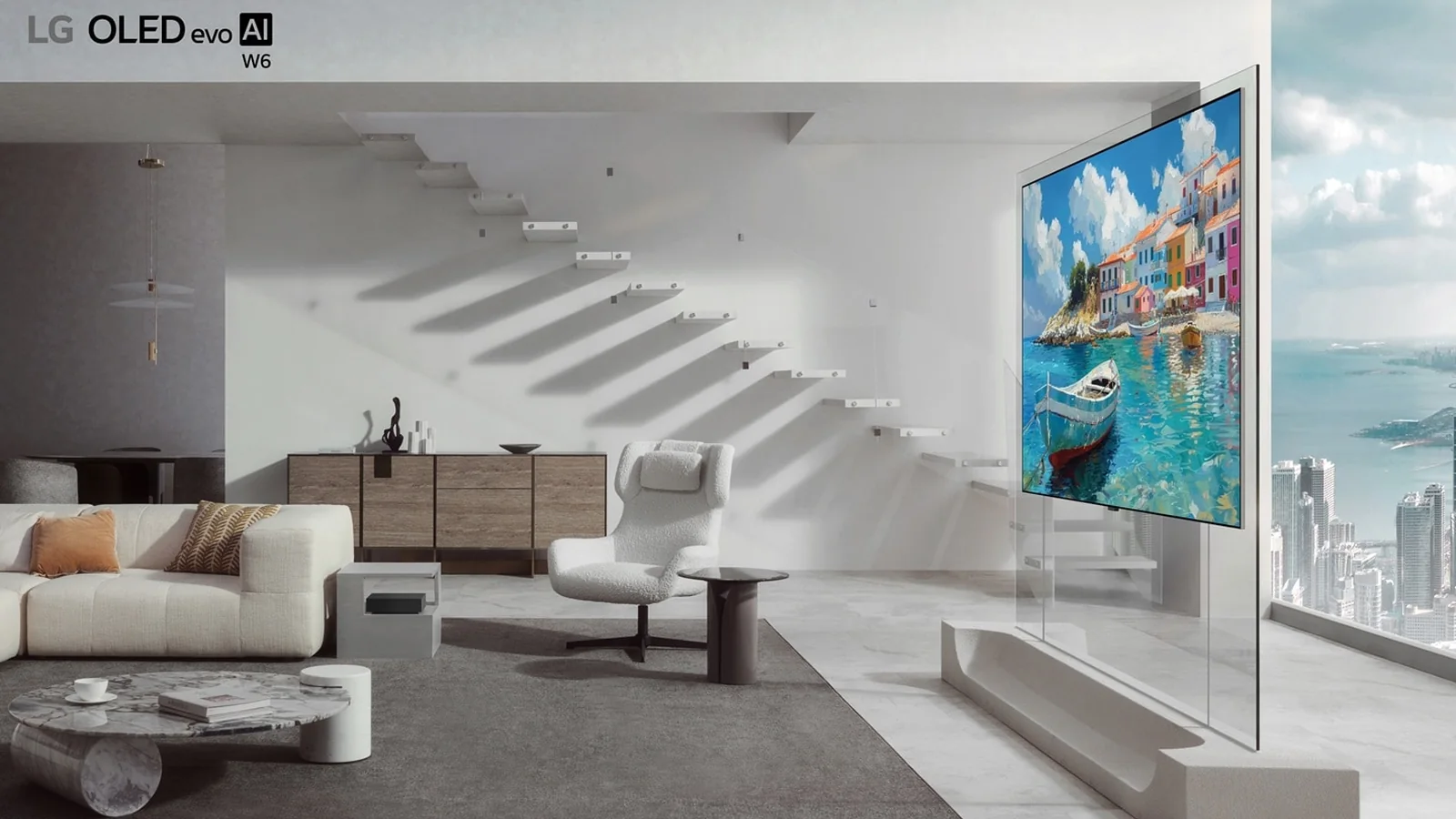 Official LG OLED evo W6 Wallpaper TV image in a modern living-room setting