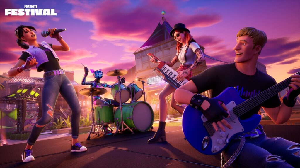 Official Fortnite Festival promotional artwork showing a four-person band performing with vocals, drums, keytar and