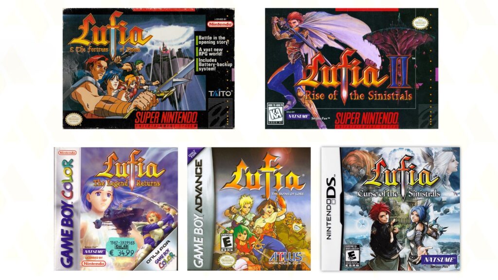 Montage of classic Lufia game covers including Lufia & the Fortress of Doom and Lufia II: Rise of the Sinistrals