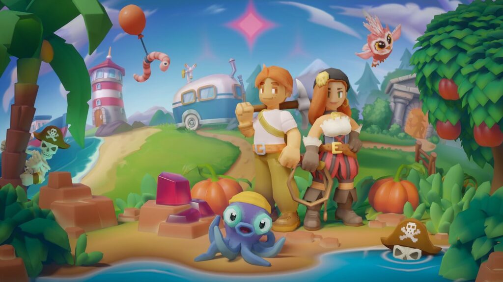 Official Luma Island PS5 announcement artwork featuring two player characters, a Luma creature, farm scenery and pirate
