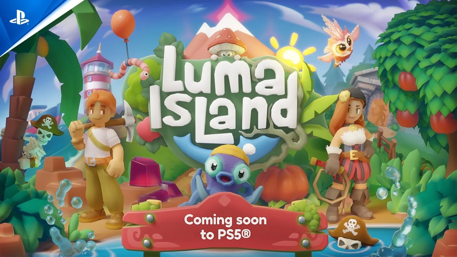 Official Luma Island PS5 announcement artwork featuring two player characters, a Luma creature, farm scenery and pirate