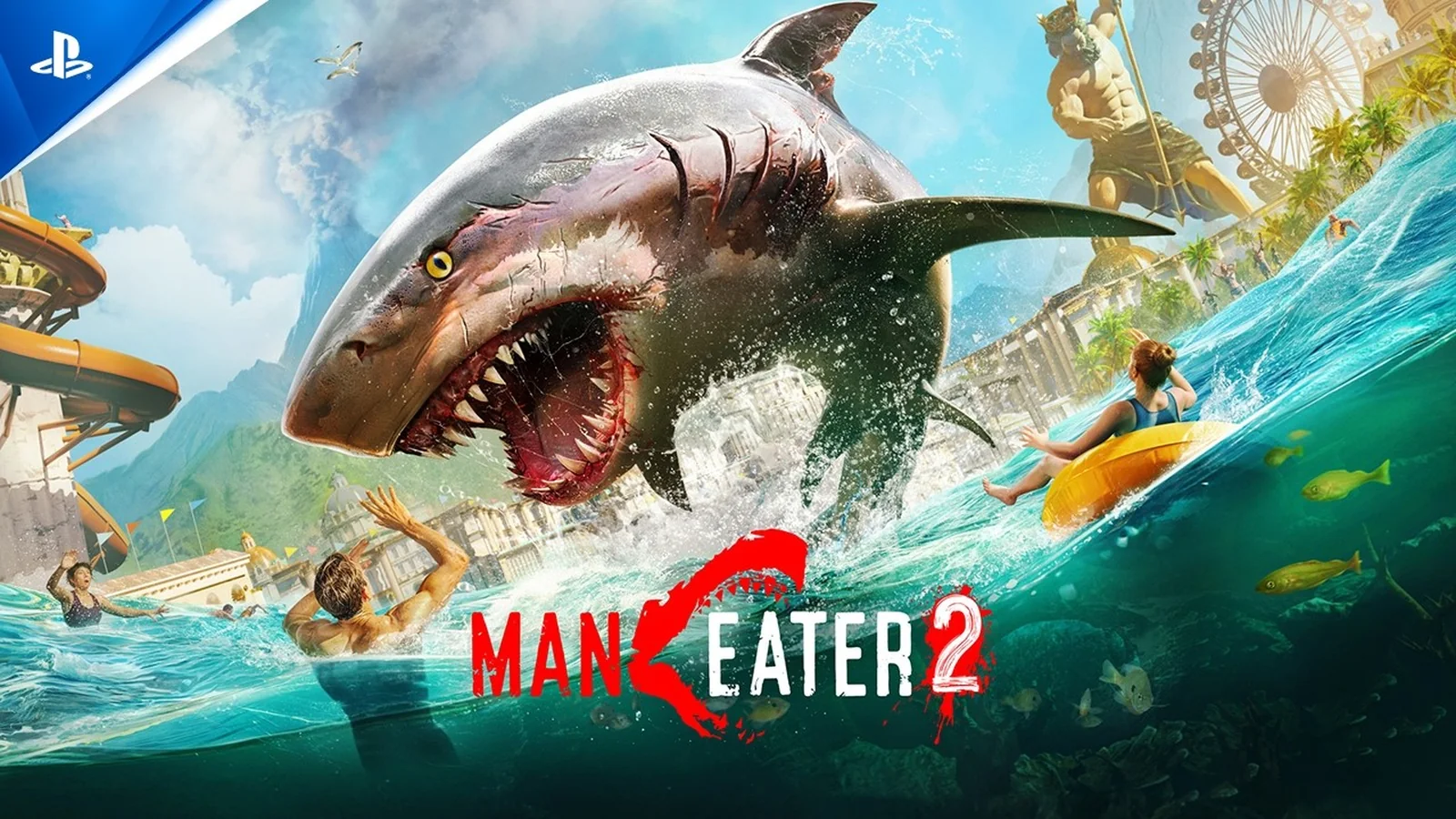 Official Maneater 2 key art showing the new bull shark swimming through Neptune’s Kingdom