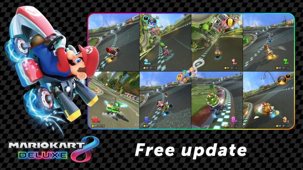 Mario Kart 8 Deluxe Update Adds 8-Player Split-Screen on Switch 2 Official Mario Kart 8 Deluxe Switch 2 free-update banner promoting the September 2026 enhancements