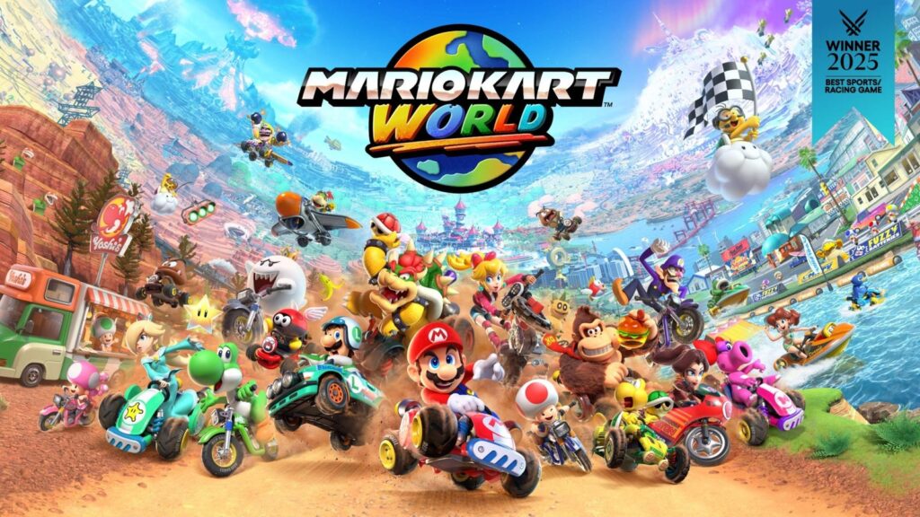 Official Mario Kart World promotional artwork featuring Mario and the wider racer lineup across the game’s connected