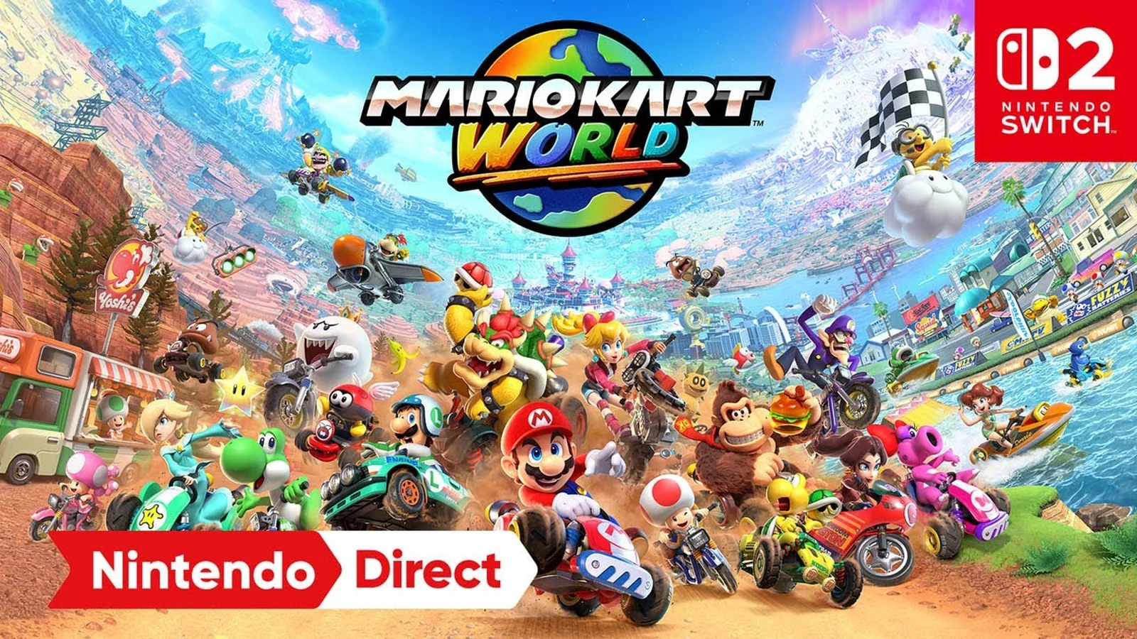 Official Mario Kart World Nintendo Direct thumbnail showing racers driving across the interconnected world