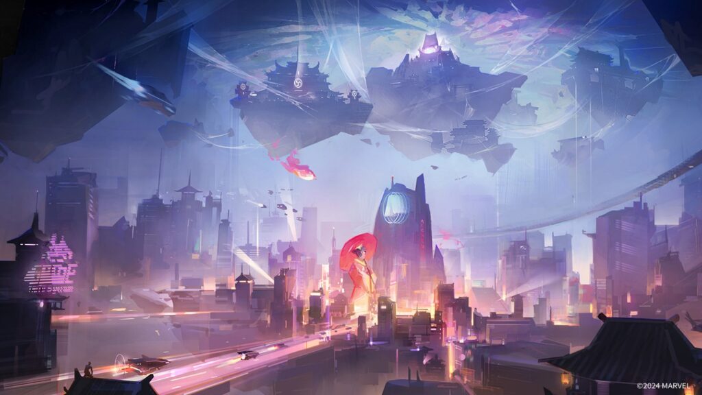 Official Marvel Rivals key art showing multiple Marvel heroes and villains in the game's stylized promotional