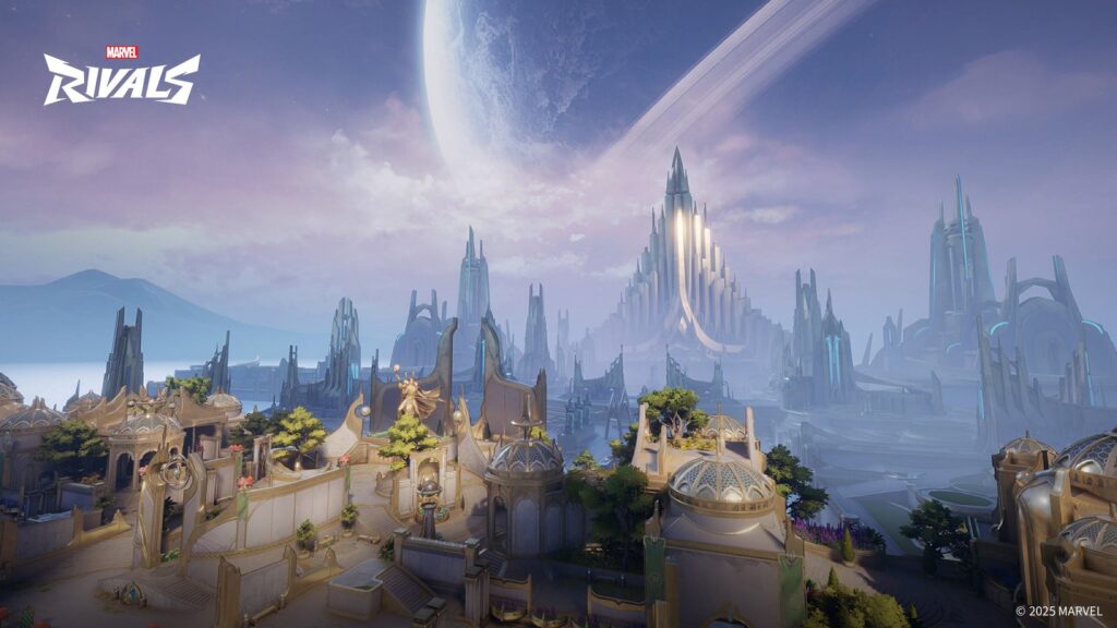 Marvel Rivals Season 10 Balance Changes Affect Most of the Roster Official Marvel Rivals screenshot showing the futuristic Yggsgard environment under a large planet-filled sky