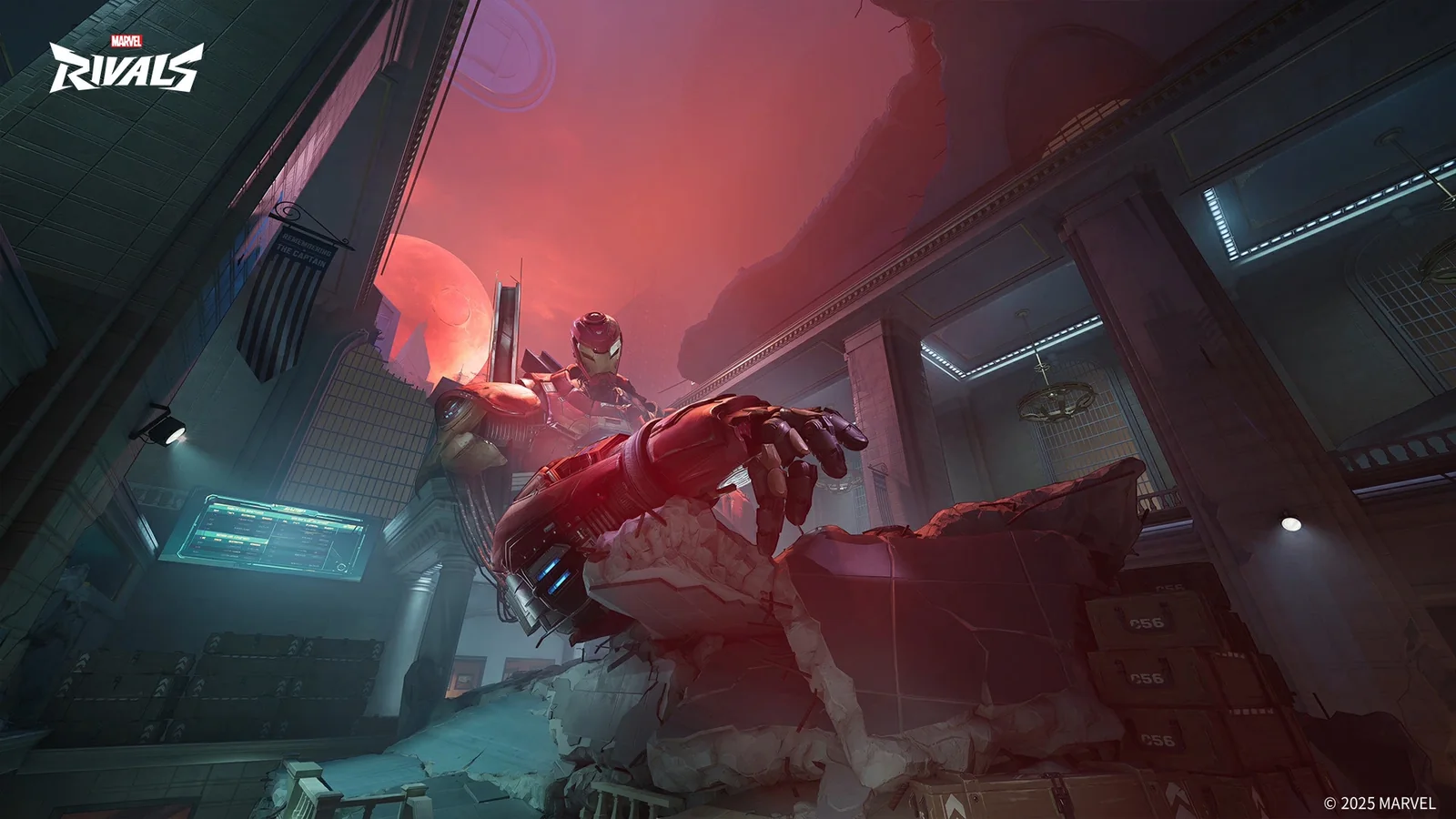 Official Marvel Rivals screenshot showing an enormous damaged Iron Man figure inside a red-lit futuristic facility