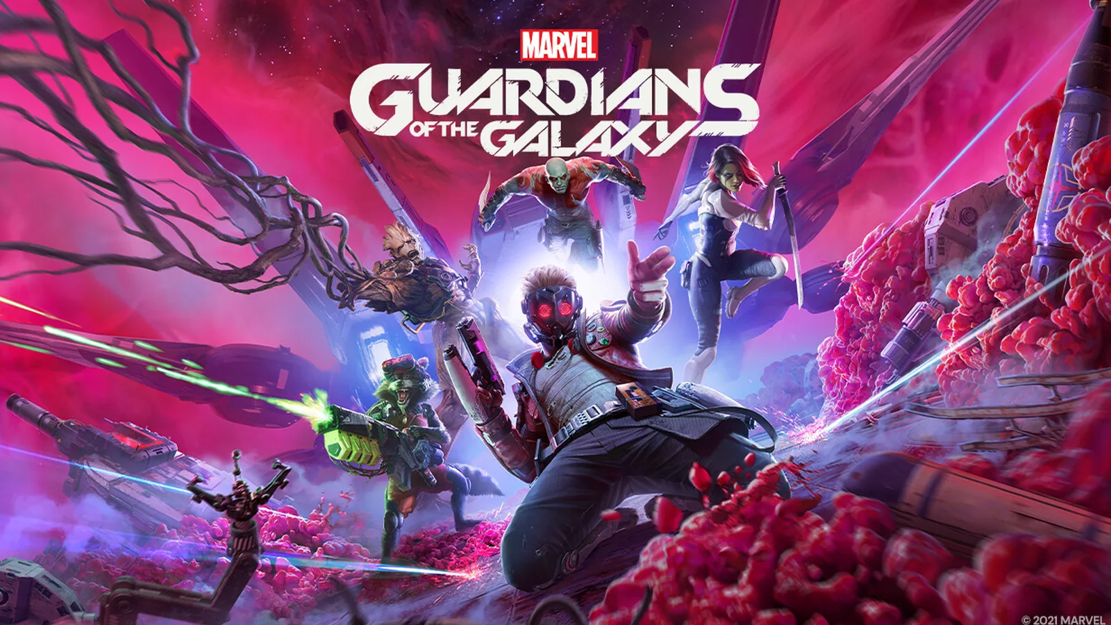 Official Marvel’s Guardians of the Galaxy promotional artwork featuring the full team around Star-Lord